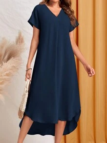 EMERY ROSE Solid V Neck Batwing Sleeve High Low Hem Dress - Navy Blue - View 1