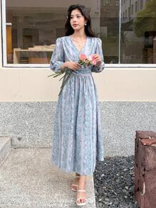 DAZY In Toàn bộ Ống tay áo Buộc lại Váy quấn - Màu xanh lam - Xem 6