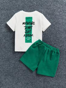 SHEIN 男小童標語圖案T恤和短褲 - 彩色 - 查看 1
