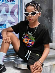SHEIN Tween Boy Letter & Cartoon Graphic Tee & Shorts - Multicolor - View 3