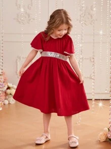 SHEIN 女小童1入組亮片拼接蝴蝶袖洋裝 - 紅色 - 查看 4