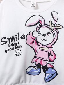 SHEIN Young Girl Street Style Casual Cute Rabbit Printed 2pcs/Set Outfits - Multicolor - View 3