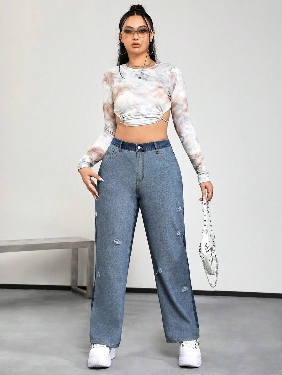 SHEIN ICON Plus Quần Jeans Rách Chân Thẳng Eo Cao - Nhiều màu - Xem 1