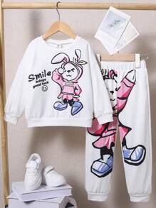 SHEIN Young Girl Street Style Casual Cute Rabbit Printed 2pcs/Set Outfits - Multicolor - View 1