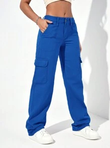 EURMUSE Solid Flap Pocket Cargo Jeans - Royal Blue - View 3