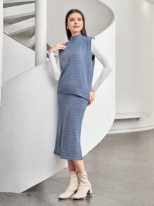 Seusyu 净色毛衣背心和毛衣裙（不含 T 恤）2 件套 - 藍色 - 查看 5