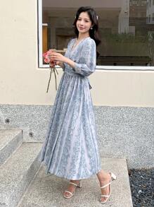 DAZY In Toàn bộ Ống tay áo Buộc lại Váy quấn - Màu xanh lam - Xem 2