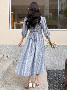 DAZY In Toàn bộ Ống tay áo Buộc lại Váy quấn - Màu xanh lam - Xem 3