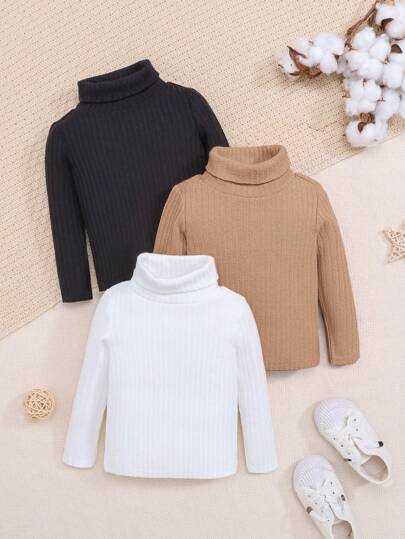 3pcs/Set Baby Girl Solid Color Casual Versatile Turtleneck Long Sleeve Ribbed T-Shirt