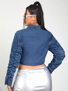 SHEIN ICON Plus Patched Pocket Ruched Sleeve Crop Denim Shirt - Medium Wash - View 2