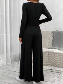 SHEIN LUNE Slim Fit Basic Long Sleeve T-Shirt And Loose Elastic Waist Wide Leg Pants 2pcs/Set - Black - View 2