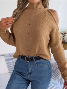 Pullover mit schulterfrei hochgeschlossenem Ausschnitt, Zopfstrick - Khaki - Übersicht 7