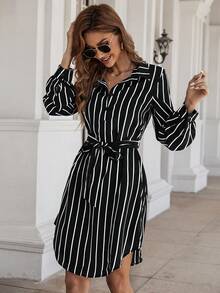 SHEIN Clasi Striped Print Belted Shirt Dress - Black and White - View 4