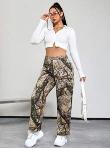 SHEIN EZwear 满版印花翻盖口袋侧边工装牛仔裤 - 綠色 - 查看 2