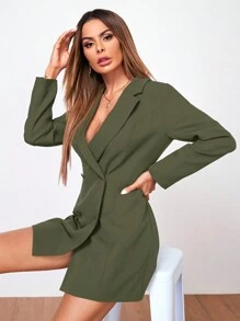 Lapel Collar Double Breasted Blazer Dress - Army Green - View 4
