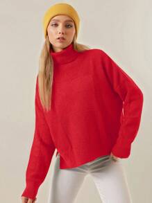 EURMUSE Solid Turtleneck Drop Shoulder Sweater - Red - View 1