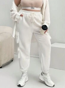 SHEIN Essnce 加蓋袋側抽繩腰運動褲 - 白色 - 查看 1