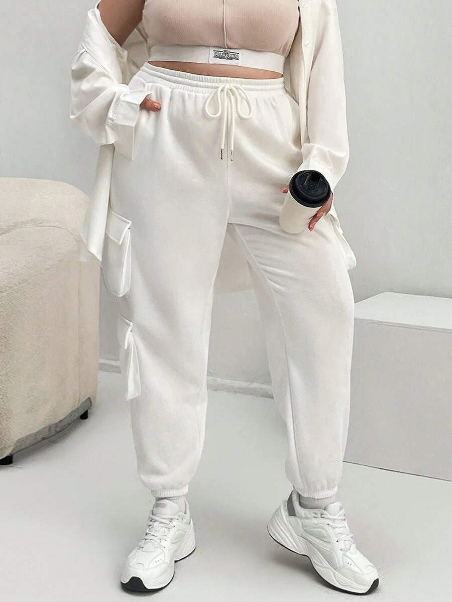 SHEIN Essnce 加蓋袋側抽繩腰運動褲 - 白色 - 查看 1