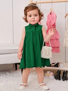 女嬰前蝴蝶結鏤空貝殼邊洋裝 - 墨綠色 - 查看 3