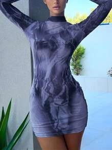 Tie Dye Mock Neck Bodycon Dress - Blue - View 4