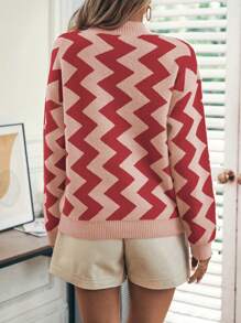 SHEIN LUNE 新年服装人字形图案落肩毛衣 - 紅色 - 查看 2