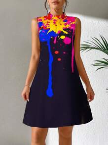 SHEIN LUNE 墨水圖案小高領背心洋裝 - 彩色 - 查看 5