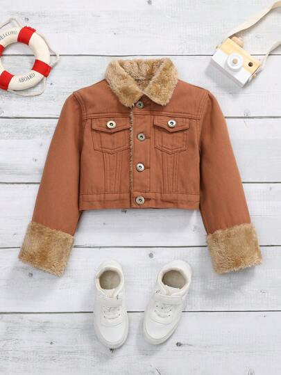 Chico joven Cazadora mezclilla con bolsillo con solapa cuello de borreguito con forro teddy