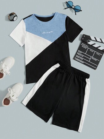 SHEIN Adolescent Garçon Short & T-shirt À Lettres À Blocs De Couleurs