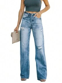 Zipper Fly Ripped Jeans - Blue - View 4