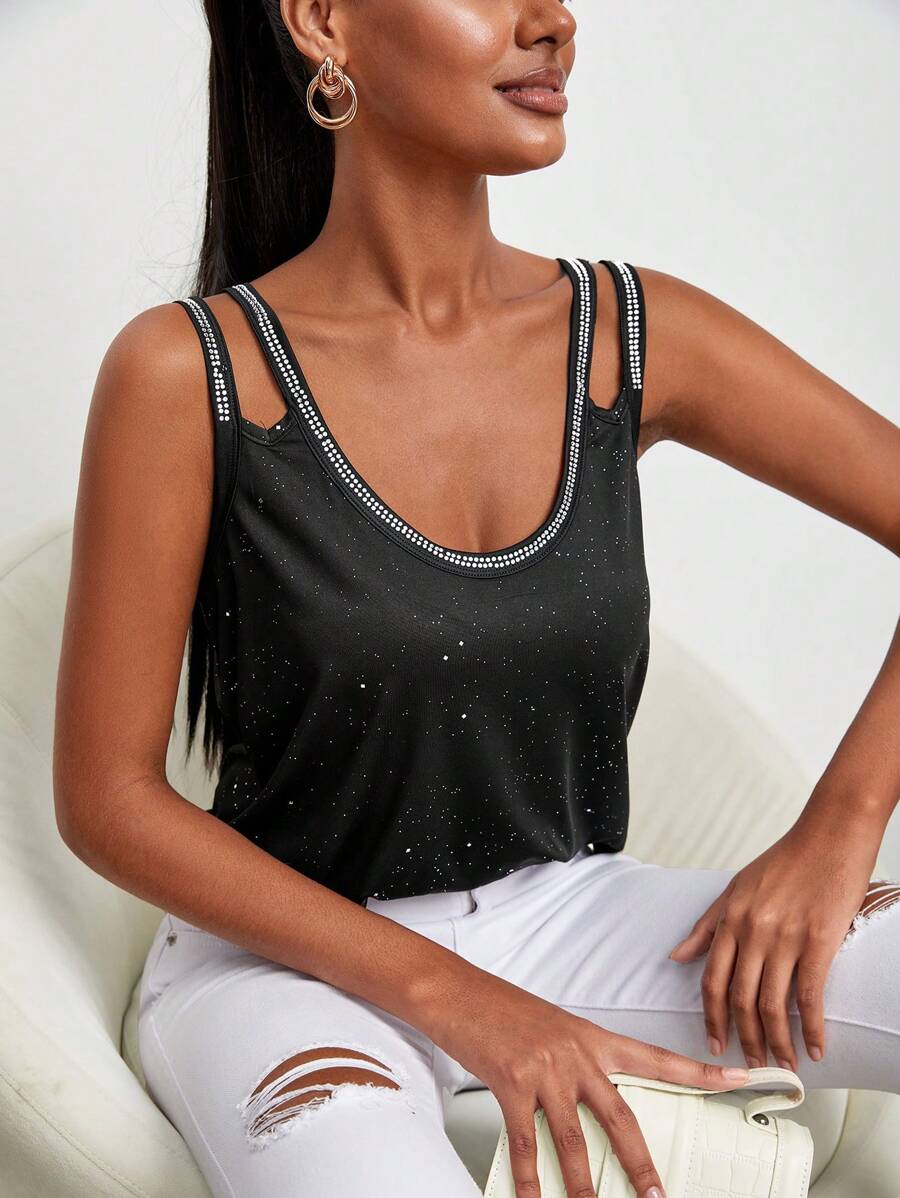 SHEIN Unity Top tank de hombros con abertura con diseño de diamante de imitación - Negro - Ver 1