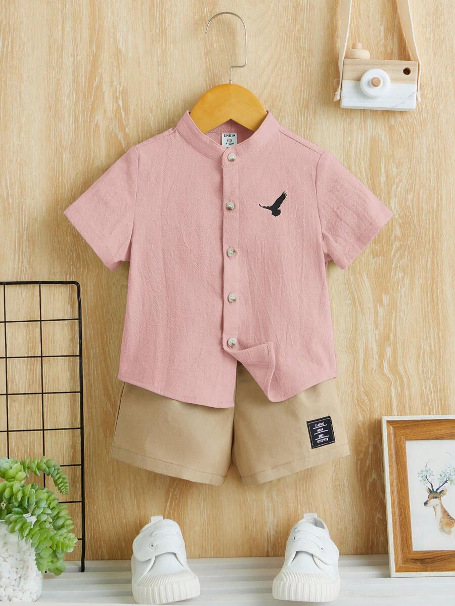 男嬰鳥印花襯衫&字母補丁細節短褲 - 彩色 - 查看 1