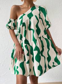 Chiquease Vestido smock con estampado de cuello asimétrico de manga farol bajo con fruncido - Verde - Ver 1