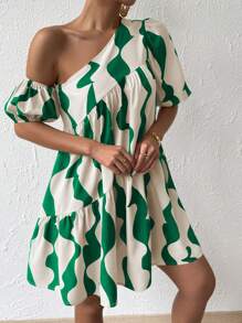 Chiquease Vestido smock con estampado de cuello asimétrico de manga farol bajo con fruncido - Verde - Ver 4