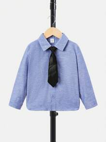 SHEIN Chàng trai trẻ Chất rắn Nút phía trước Áo sơ mi Với Buộc - Màu xanh lam - Xem 1