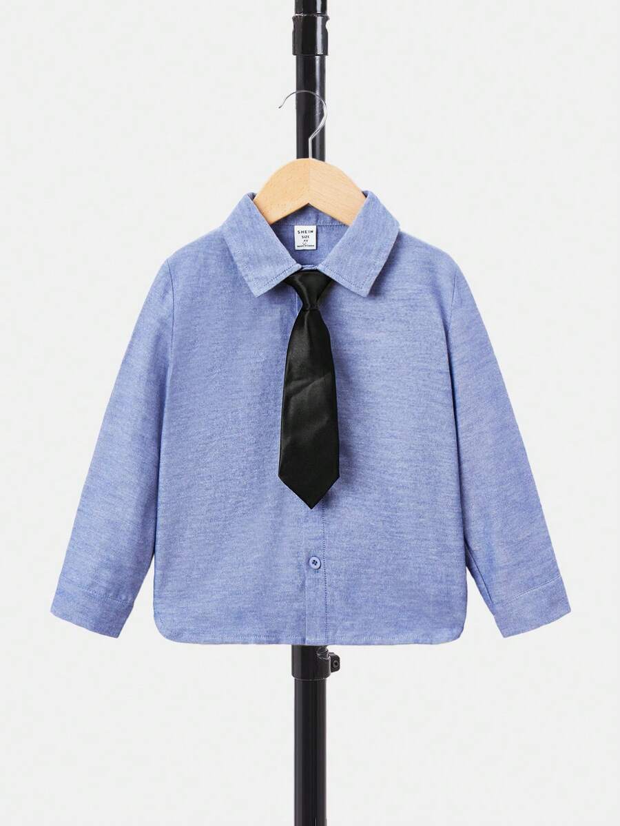 SHEIN Chàng trai trẻ Chất rắn Nút phía trước Áo sơ mi Với Buộc - Màu xanh lam - Xem 1