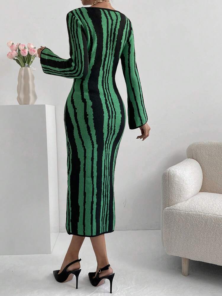 Striped Pattern Bodycon Sweater Dress Without Belt