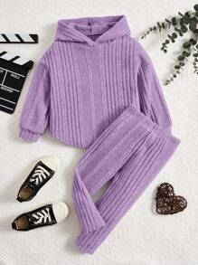 女婴纯色长袖罗纹连帽衫和打底裤休闲套装 - 紫色 - 查看 4