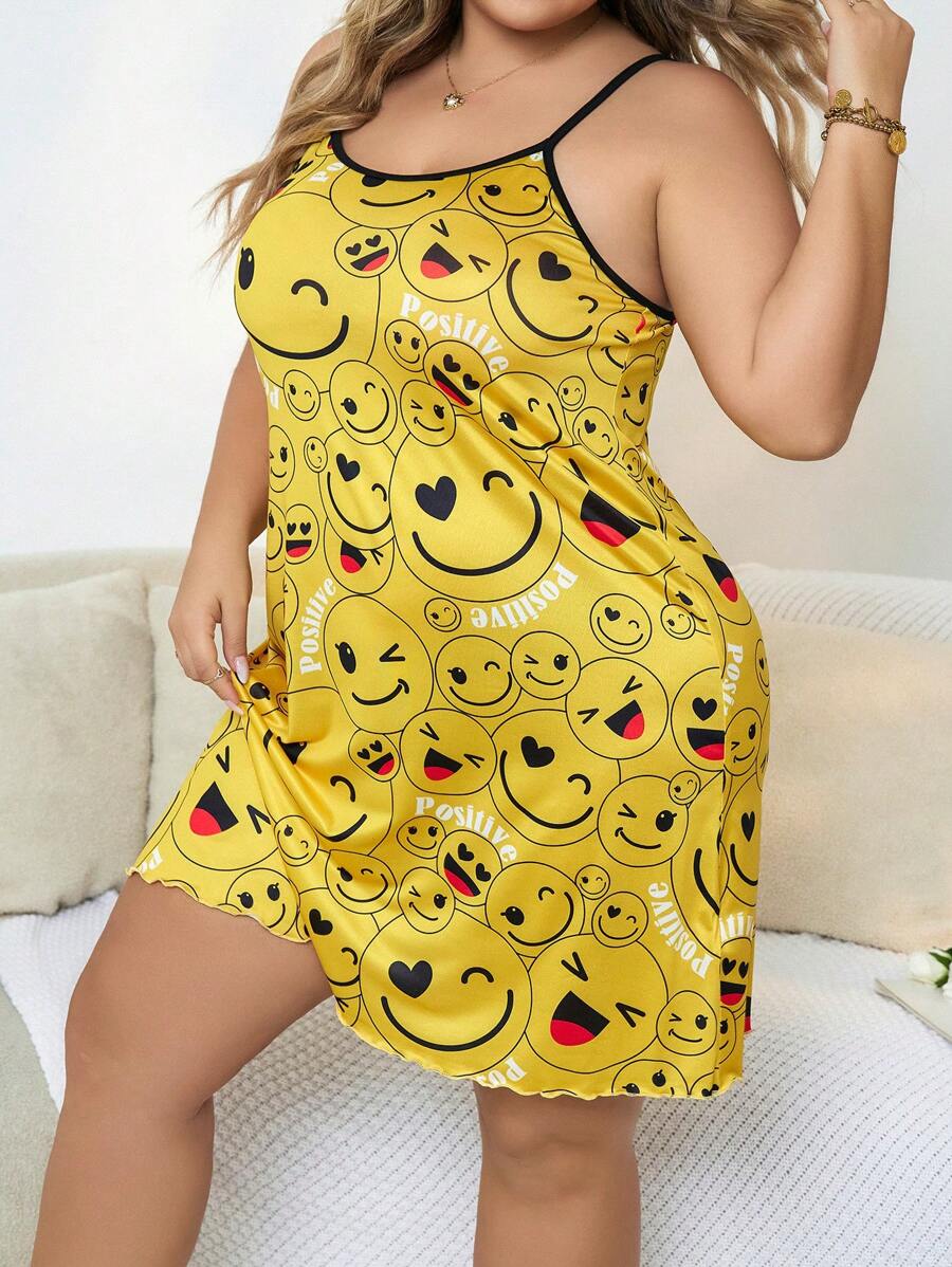 Plus Cartoon Graphic Contrast Binding Cami Pajama Nightdress - Yellow - View 1