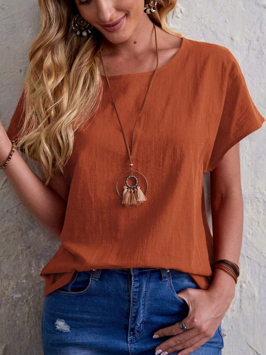 EMERY ROSE 素色蝙蝠袖上衣 - 紅木色 - 查看 1