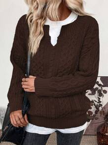 SHEIN LUNE Áo len chui đầu cổ chữ V, vai rớt, chất liệu dệt kim, thích hợp cho mùa thu đông. - Màu Khaki - Xem 1