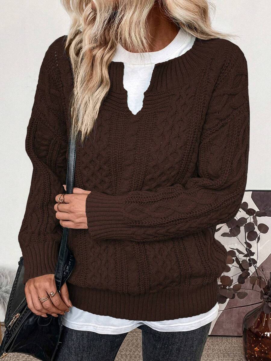 SHEIN LUNE Áo len chui đầu cổ chữ V, vai rớt, chất liệu dệt kim, thích hợp cho mùa thu đông. - Màu Khaki - Xem 1