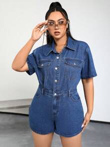 SHEIN EZwear Plus Flap Pocket Denim Romper - Dark Wash - View 6