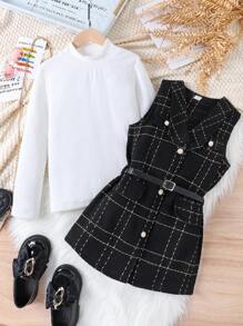 Chica adolescente de cuello alto Camiseta & con estampado de cuadros Vestido