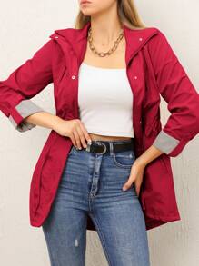 RueChic Roll Tab Sleeve Drawstring Waist Coat - Red - View 4