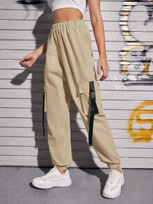EURMUSE Buckle Tape Flap Pocket Cargo Pants With Chain - Apricot - View 4