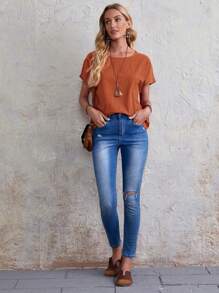 EMERY ROSE 素色蝙蝠袖上衣 - 紅木色 - 查看 4