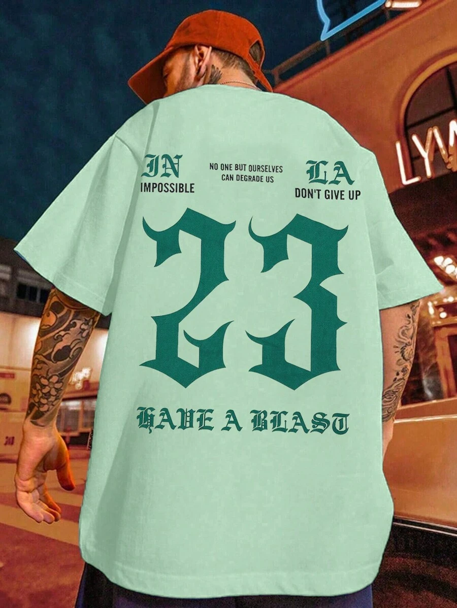Aesthetic Post Hombres Camiseta de hombros caídos con estampado de letra - Verde - Ver 1