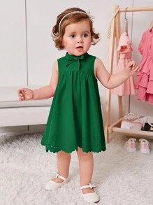 女嬰前蝴蝶結鏤空貝殼邊洋裝 - 墨綠色 - 查看 5