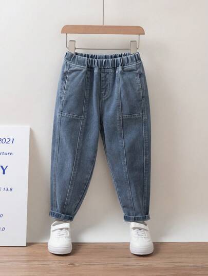 SHEIN Playful Pals Young Boys Casual Street Style Solid Color Elastic Waist Denim Jeans Summer Holiday