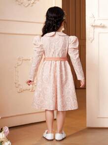 女小童彼得潘領羊腿袖繫腰帶洋裝 - 粉色 - 查看 2